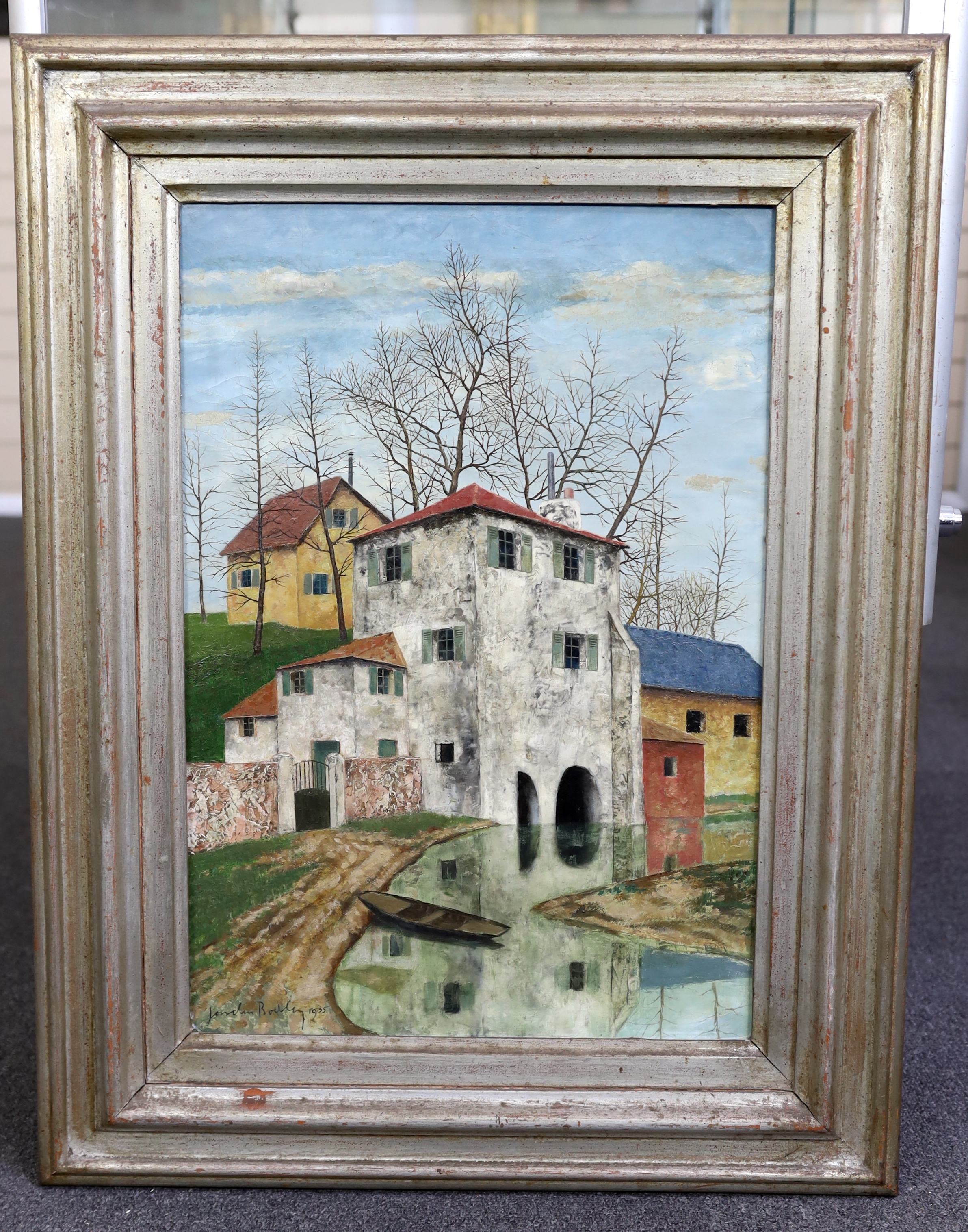 Josselin Reginald Courtenay Bodley (British 1893-1974), Riverside houses, oil on canvas, 53 x 37cm